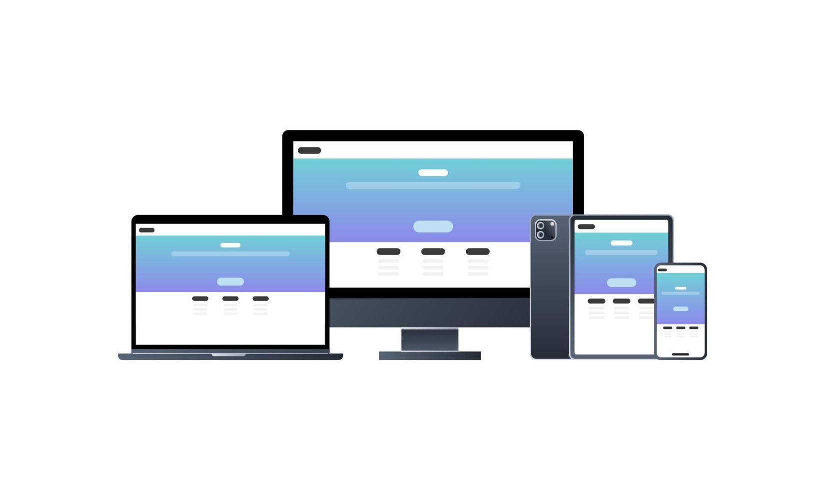 Responsive web design demonstration showing the same website layout adapting across desktop, laptop, tablet, and mobile devices