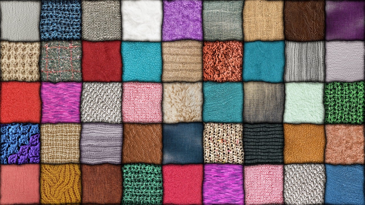 Grid of diverse fabric textures showing various weaves, knits, and materials in different colors and patterns